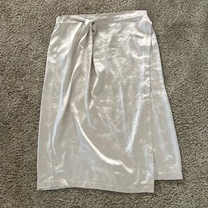 Skies Are Blue Blush / Champagne Midi Length Satin Skirt | Faux Wrap Skirt